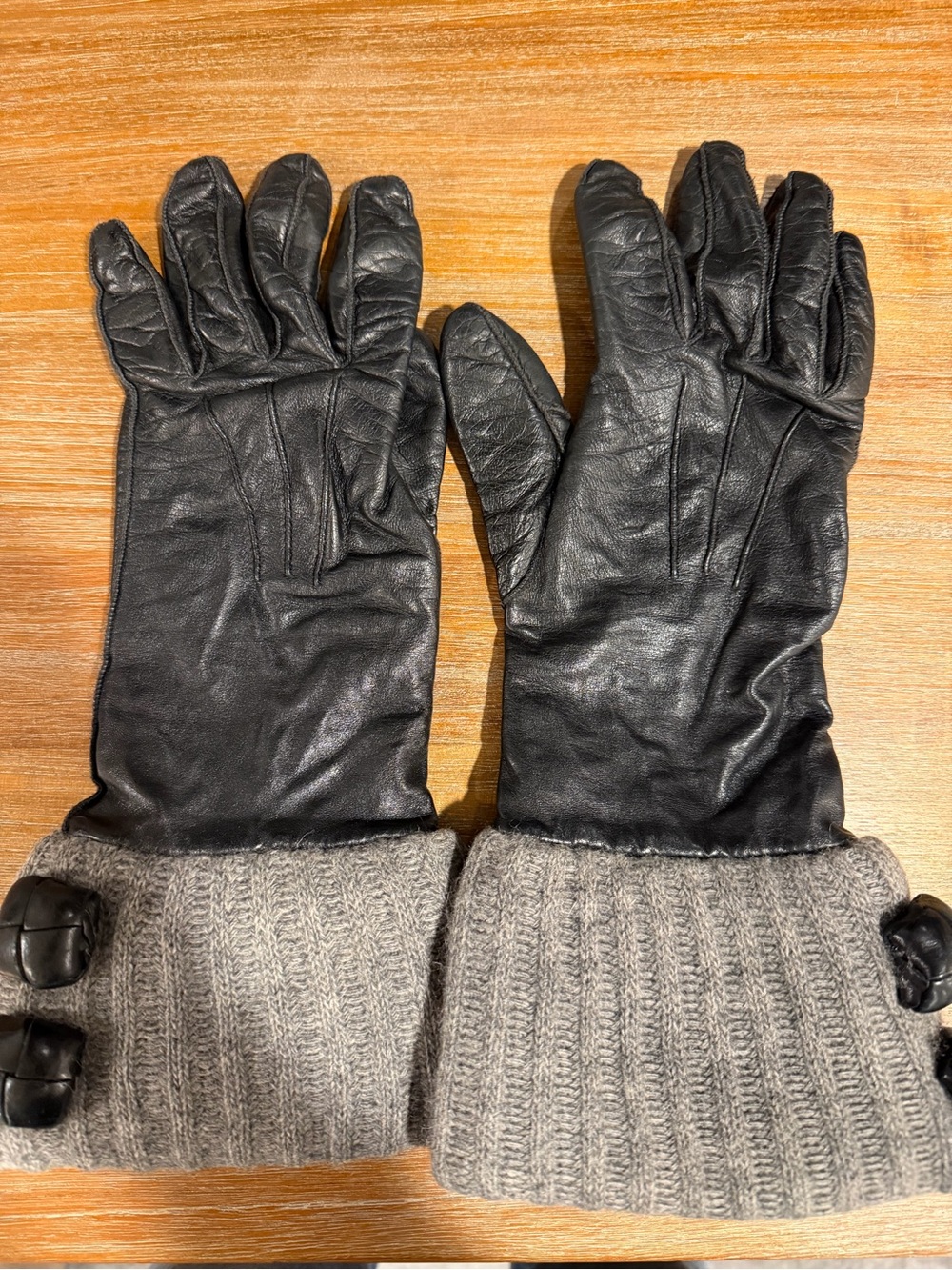 Black Leather Gloves with Gray Knit Cuffs